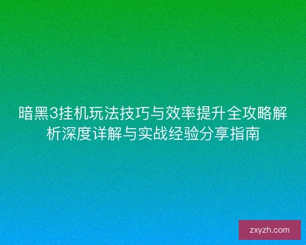 暗黑3挂机玩法技巧与效率提升全攻略解析深度详解与实战经验分享指南